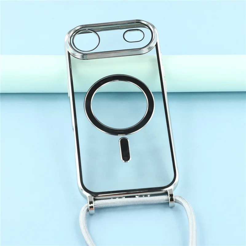 Étui magnétique pour iPhone 17 avec bordure électroplaquée Coque de téléphone TPU avec film d'écran / Sangle d'épaule - Argent