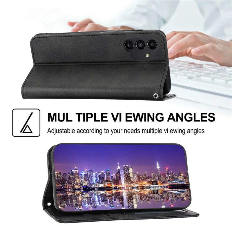 For Samsung Galaxy A32 4G (EU Version) Calf Texture Wallet Stand Anti-drop Phone Case PU Leather Imprinted Rhombus Pattern Smartphone Cover with Strap - Black