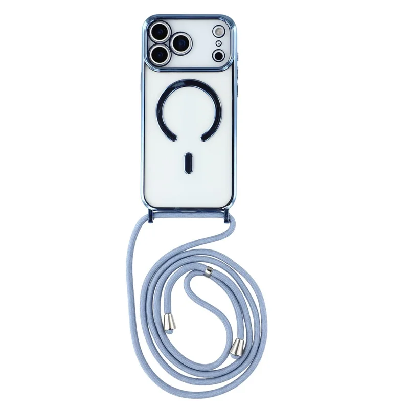 Étui magnétique pour iPhone 17 Pro Max avec bordure électrolytique, housse de téléphone en TPU et lanière - Bleu