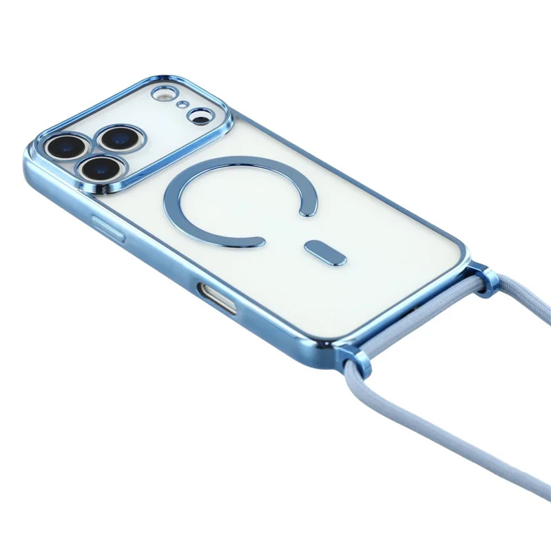 Étui magnétique pour iPhone 17 Pro Max avec bordure électrolytique, housse de téléphone en TPU et lanière - Bleu