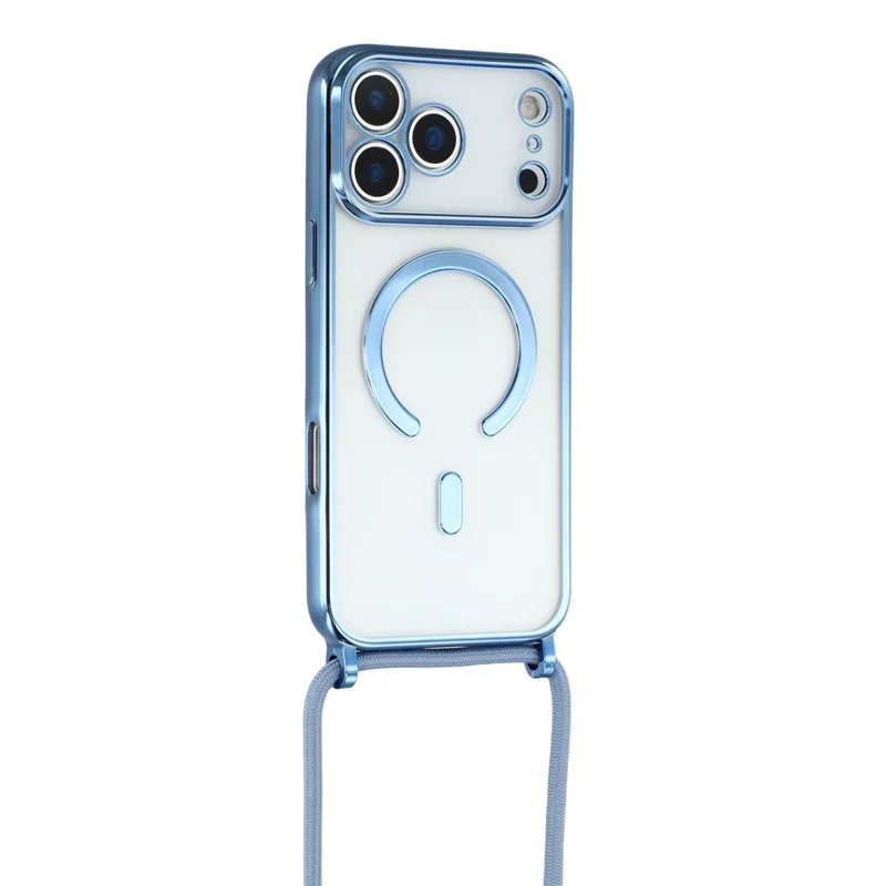 Étui magnétique pour iPhone 17 Pro avec bordure électrolytique, coque de téléphone TPU et bandoulière - Bleu