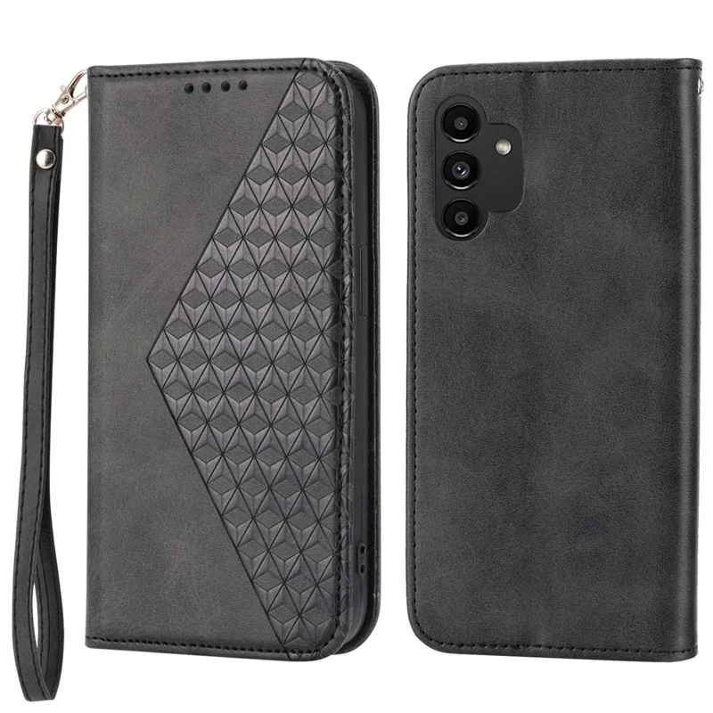 For Samsung Galaxy A32 5G / M32 5G Shockproof Calf Texture Wallet Stand Phone Case PU Leather Imprinted Rhombus Pattern Protective Phone Cover with Strap - Black