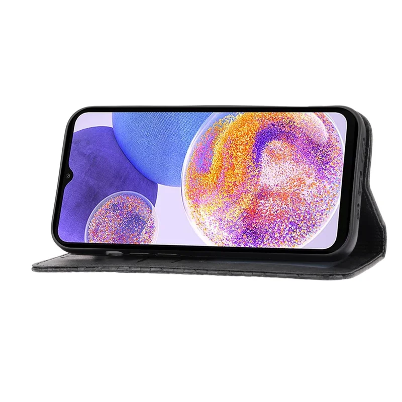 For Samsung Galaxy A32 5G / M32 5G Shockproof Calf Texture Wallet Stand Phone Case PU Leather Imprinted Rhombus Pattern Protective Phone Cover with Strap - Black