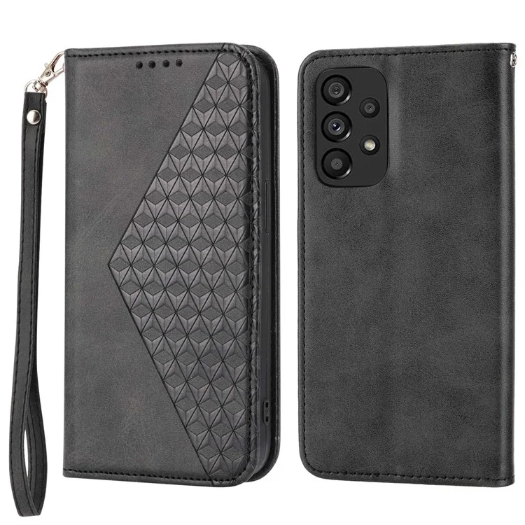 Anti-drop Calf Texture Phone Case  For Samsung Galaxy A52 4G / 5G / A52s 5G PU Leather Imprinted Rhombus Pattern Cell Phone Cover Wallet Stand with Strap - Black