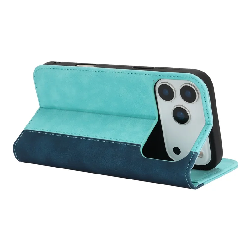 Funda para iPhone 17 Pro Max con Textura de Piel de Ternero, 3 Ranuras para Tarjetas, Diseño Bicolor de Cuero - Azul Claro + Azul Oscuro