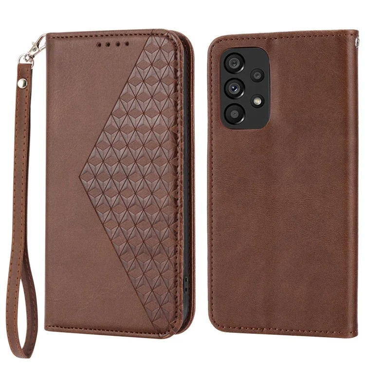 Für Samsung Galaxy A72 4G / 5G Vollschutz Kalb Textur Telefon Hülle PU Leder Brieftasche Geprägter Rhombusmuster Handyabdeckung Mit Riemen - Braun
