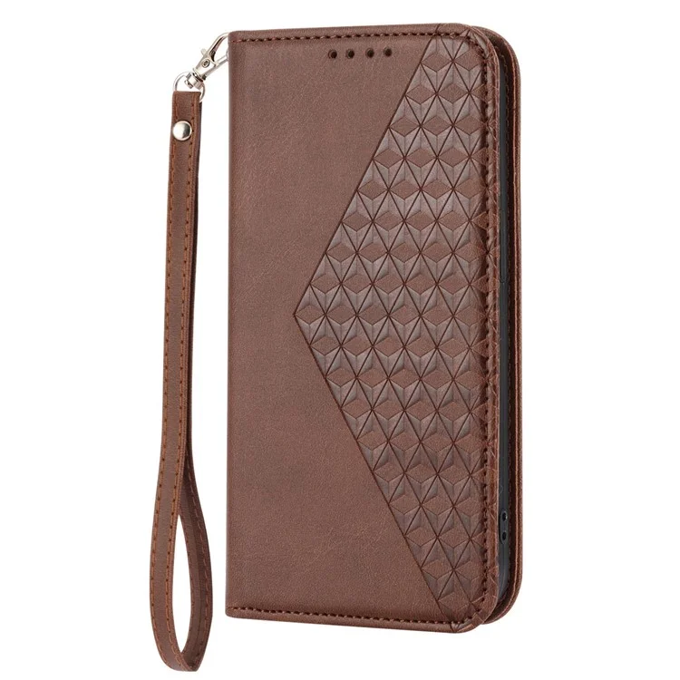 Für Samsung Galaxy A72 4G / 5G Vollschutz Kalb Textur Telefon Hülle PU Leder Brieftasche Geprägter Rhombusmuster Handyabdeckung Mit Riemen - Braun