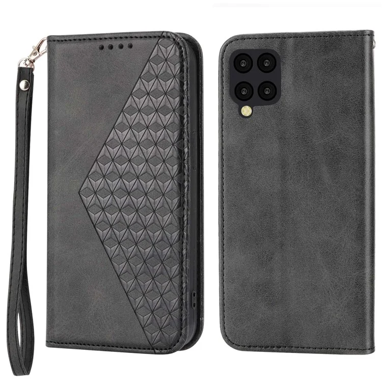 Anti-drop Protective Phone Case For Samsung Galaxy A22 4G (EU Version), Calf Texture PU Leather Imprinted Rhombus Pattern Flip Cover Wallet Stand with Strap - Black
