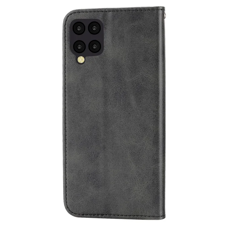 Anti-drop Protective Phone Case For Samsung Galaxy A22 4G (EU Version), Calf Texture PU Leather Imprinted Rhombus Pattern Flip Cover Wallet Stand with Strap - Black