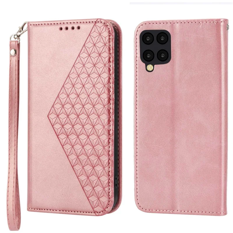 Anti-drop Protective Phone Case For Samsung Galaxy A22 4G (EU Version), Calf Texture PU Leather Imprinted Rhombus Pattern Flip Cover Wallet Stand with Strap - Rose Gold