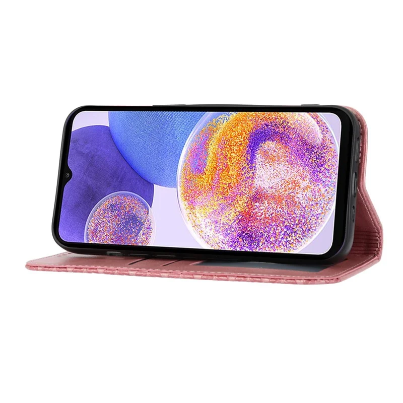 Anti-drop Protective Phone Case For Samsung Galaxy A22 4G (EU Version), Calf Texture PU Leather Imprinted Rhombus Pattern Flip Cover Wallet Stand with Strap - Rose Gold