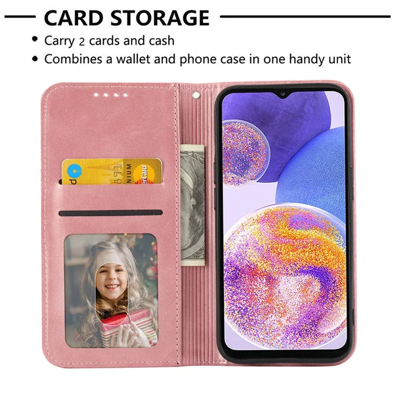 Anti-drop Protective Phone Case For Samsung Galaxy A22 4G (EU Version), Calf Texture PU Leather Imprinted Rhombus Pattern Flip Cover Wallet Stand with Strap - Rose Gold