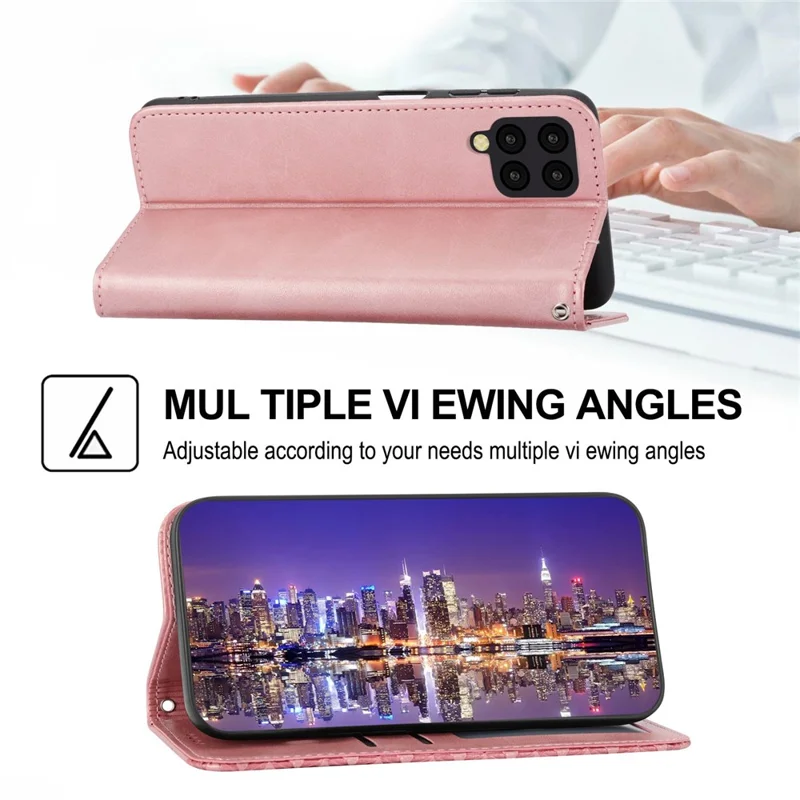 Anti-drop Protective Phone Case For Samsung Galaxy A22 4G (EU Version), Calf Texture PU Leather Imprinted Rhombus Pattern Flip Cover Wallet Stand with Strap - Rose Gold