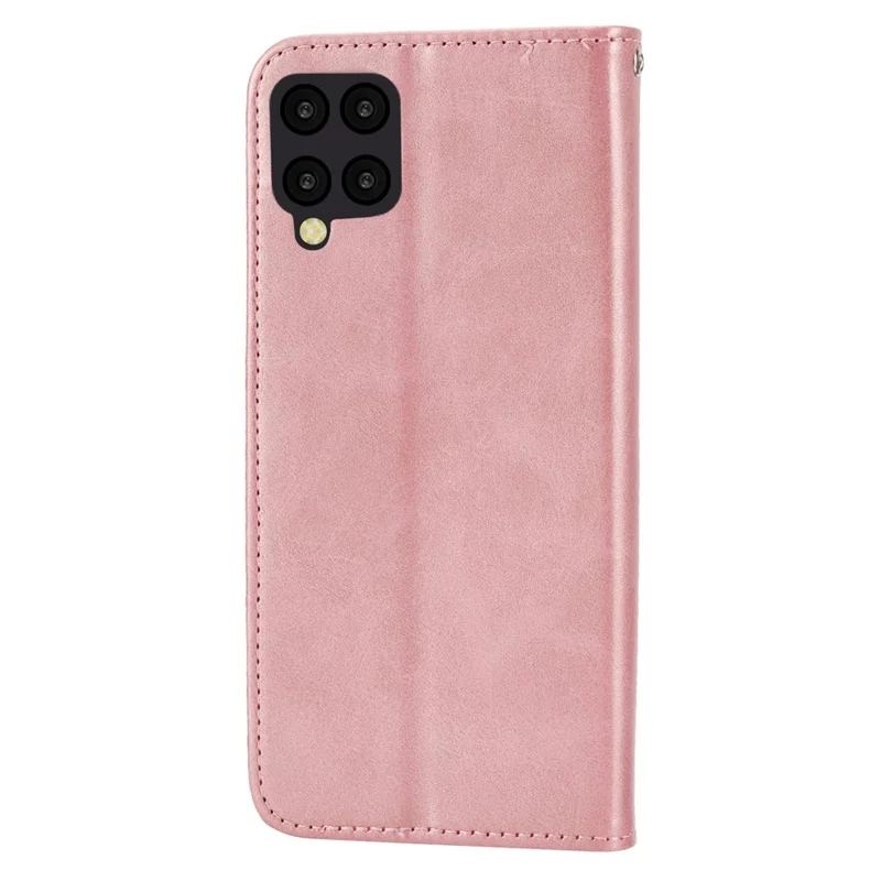 Anti-drop Protective Phone Case For Samsung Galaxy A22 4G (EU Version), Calf Texture PU Leather Imprinted Rhombus Pattern Flip Cover Wallet Stand with Strap - Rose Gold