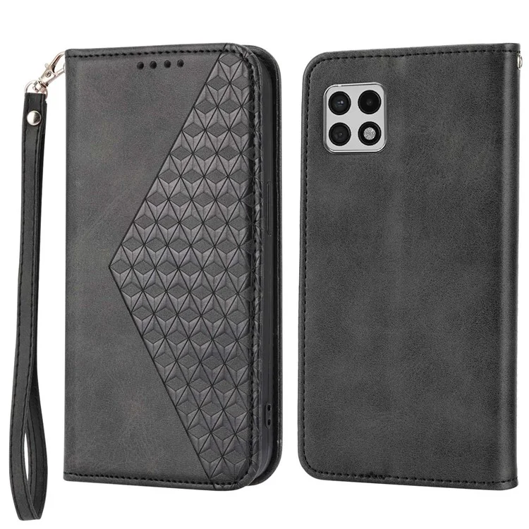 Étui à Portefeuille Flip Phone Pour Samsung Galaxy A22 5G (version Ue), Texture de Veau pu Leather Stand Imprimé Rhombus Modèle Couverture de Téléphone Portable Avec Sangle - le Noir