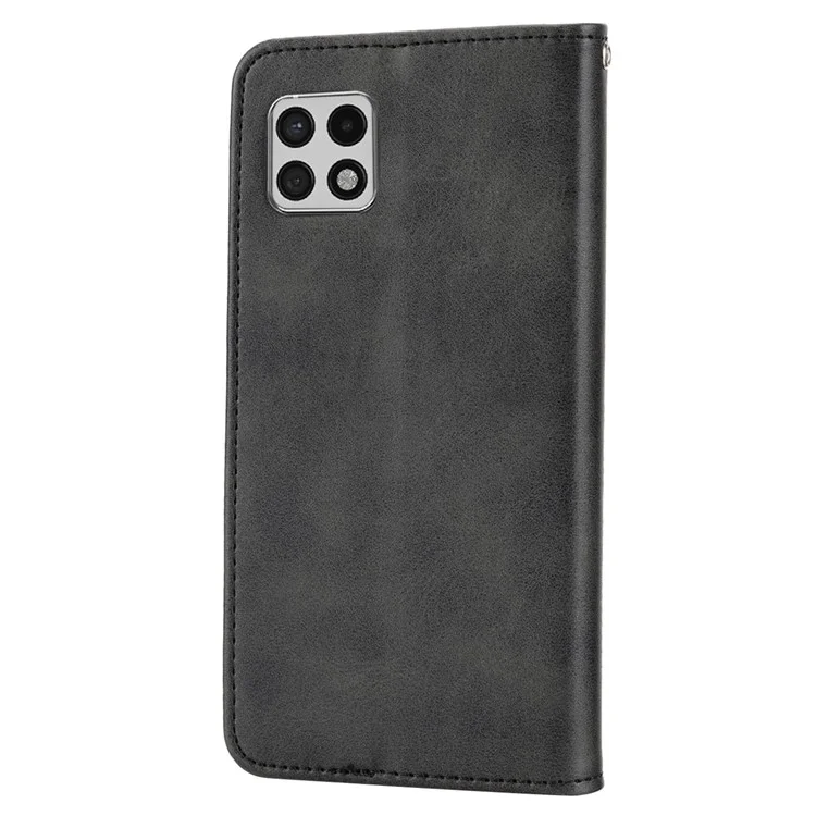 Étui à Portefeuille Flip Phone Pour Samsung Galaxy A22 5G (version Ue), Texture de Veau pu Leather Stand Imprimé Rhombus Modèle Couverture de Téléphone Portable Avec Sangle - le Noir