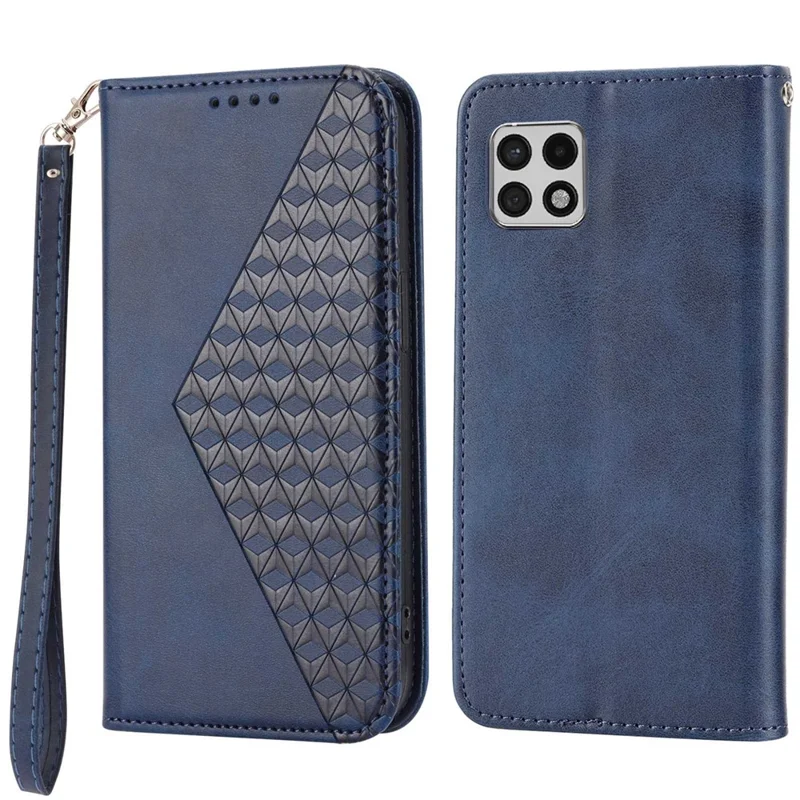 Flip Phone Wallet Case For Samsung Galaxy A22 5G (EU Version), Calf Texture PU Leather Stand Imprinted Rhombus Pattern Cell Phone Cover with Strap - Blue