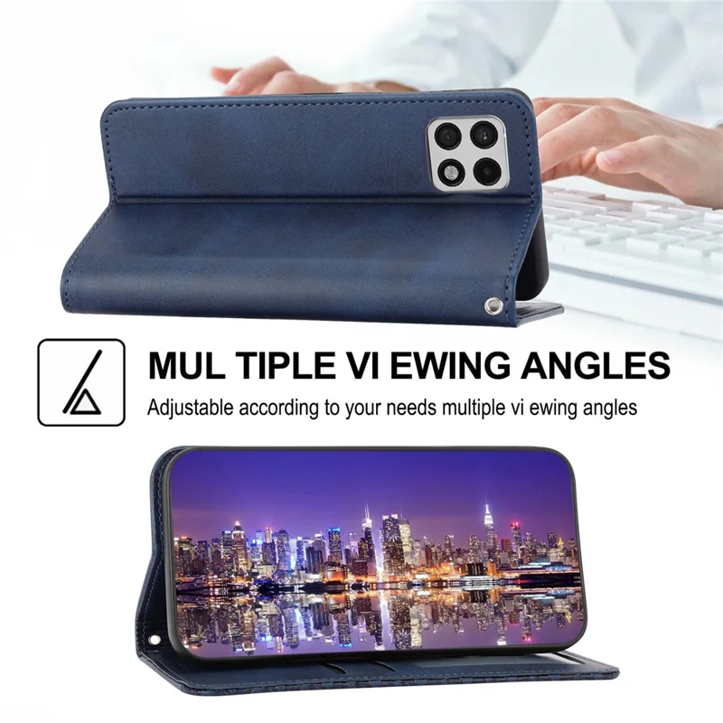 Flip Phone Wallet Case For Samsung Galaxy A22 5G (EU Version), Calf Texture PU Leather Stand Imprinted Rhombus Pattern Cell Phone Cover with Strap - Blue