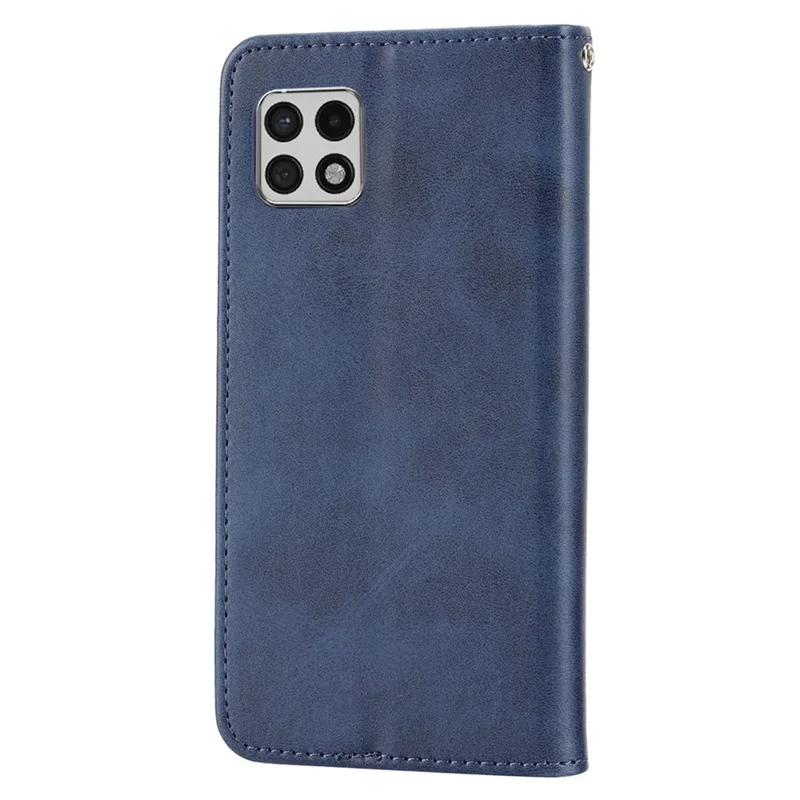 Flip Phone Wallet Case For Samsung Galaxy A22 5G (EU Version), Calf Texture PU Leather Stand Imprinted Rhombus Pattern Cell Phone Cover with Strap - Blue