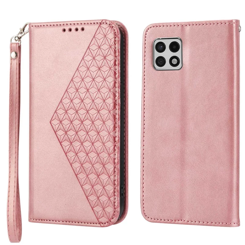 Flip Phone Wallet Case For Samsung Galaxy A22 5G (EU Version), Calf Texture PU Leather Stand Imprinted Rhombus Pattern Cell Phone Cover with Strap - Rose Gold