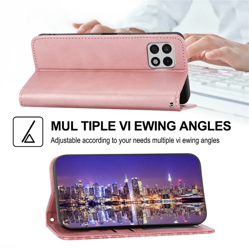 Flip Phone Wallet Case For Samsung Galaxy A22 5G (EU Version), Calf Texture PU Leather Stand Imprinted Rhombus Pattern Cell Phone Cover with Strap - Rose Gold