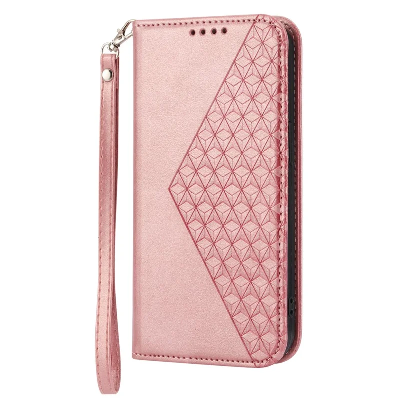 Flip Phone Wallet Case For Samsung Galaxy A22 5G (EU Version), Calf Texture PU Leather Stand Imprinted Rhombus Pattern Cell Phone Cover with Strap - Rose Gold