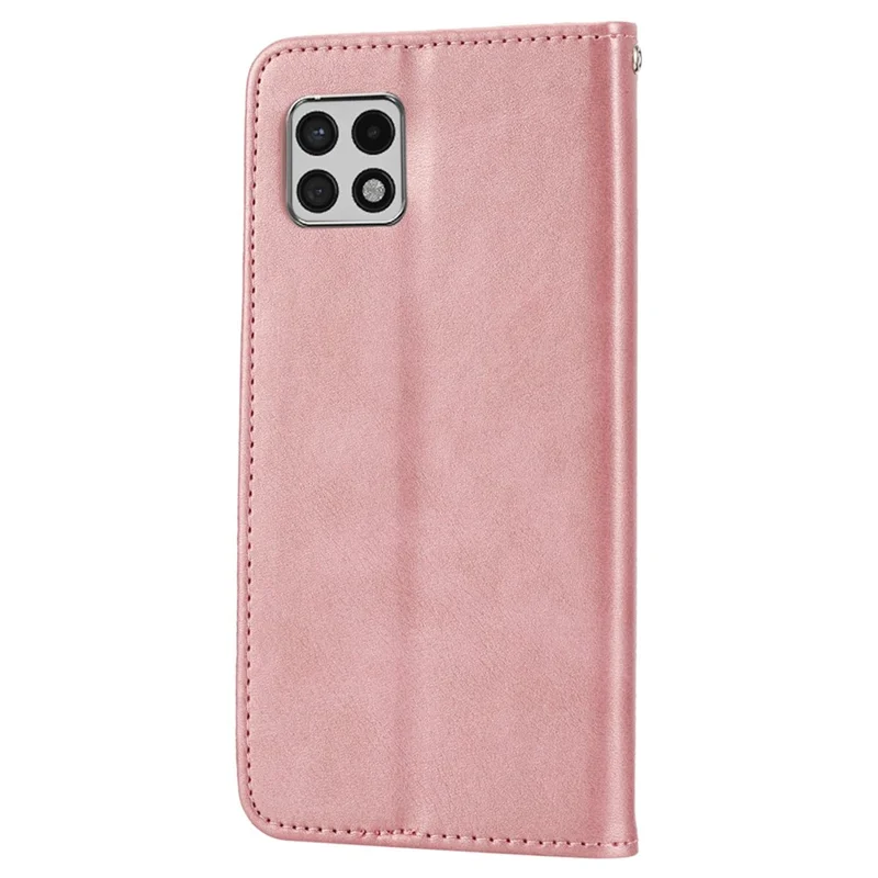 Flip Phone Wallet Case For Samsung Galaxy A22 5G (EU Version), Calf Texture PU Leather Stand Imprinted Rhombus Pattern Cell Phone Cover with Strap - Rose Gold