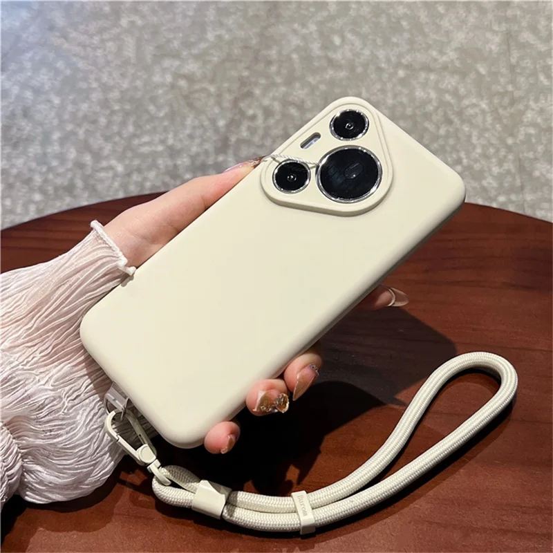 Cover per Huawei Pura 70 Pro con Ritagli Precisi, Silicone Liquido + Cover per Telefono PC con Cinturino da Polso - Bianco Antico