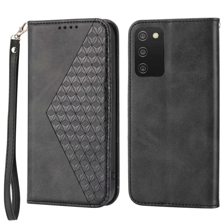 Cell Phone Case For Samsung Galaxy A03s (166.5 x 75.98 x 9.14mm), Calf Texture PU Leather Imprinted Rhombus Pattern Anti-shock Phone Cover Wallet Stand with Strap - Black