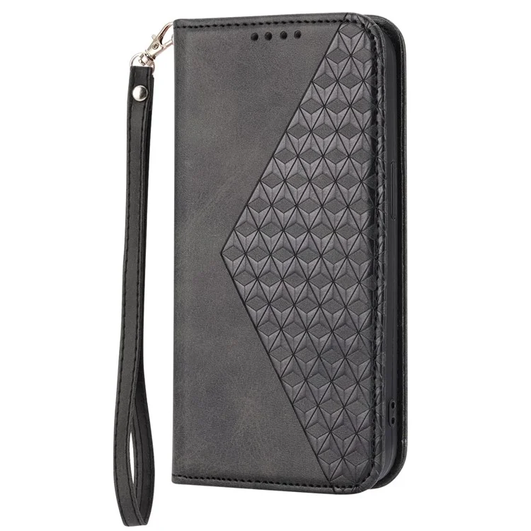 Cell Phone Case For Samsung Galaxy A03s (166.5 x 75.98 x 9.14mm), Calf Texture PU Leather Imprinted Rhombus Pattern Anti-shock Phone Cover Wallet Stand with Strap - Black