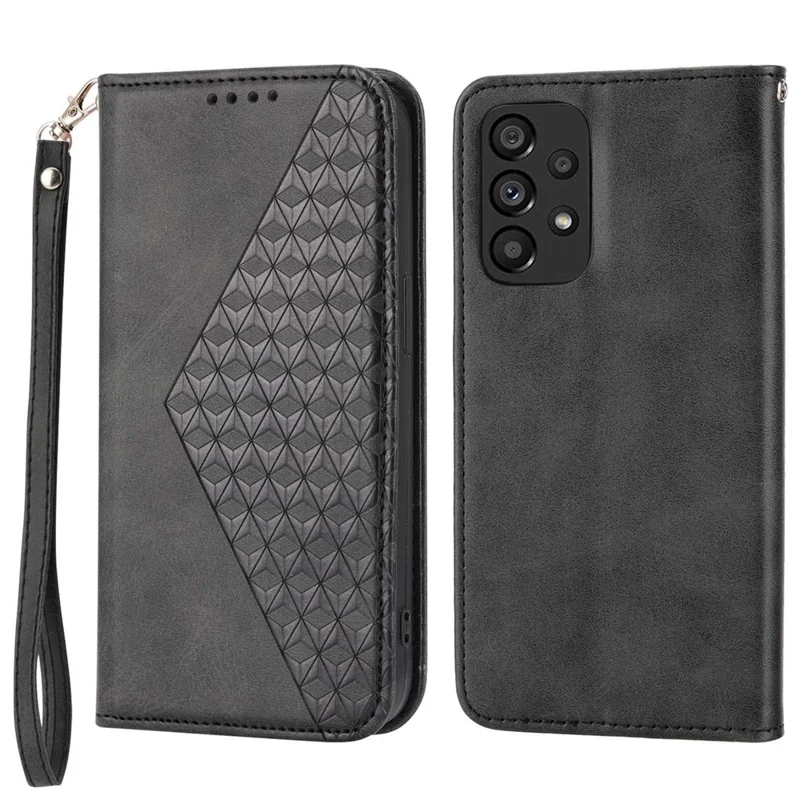 For Samsung Galaxy A53 5G Calf Texture Imprinted Rhombus Pattern PU Leather Shockproof Cover Wallet Stand Phone Case with Strap - Black
