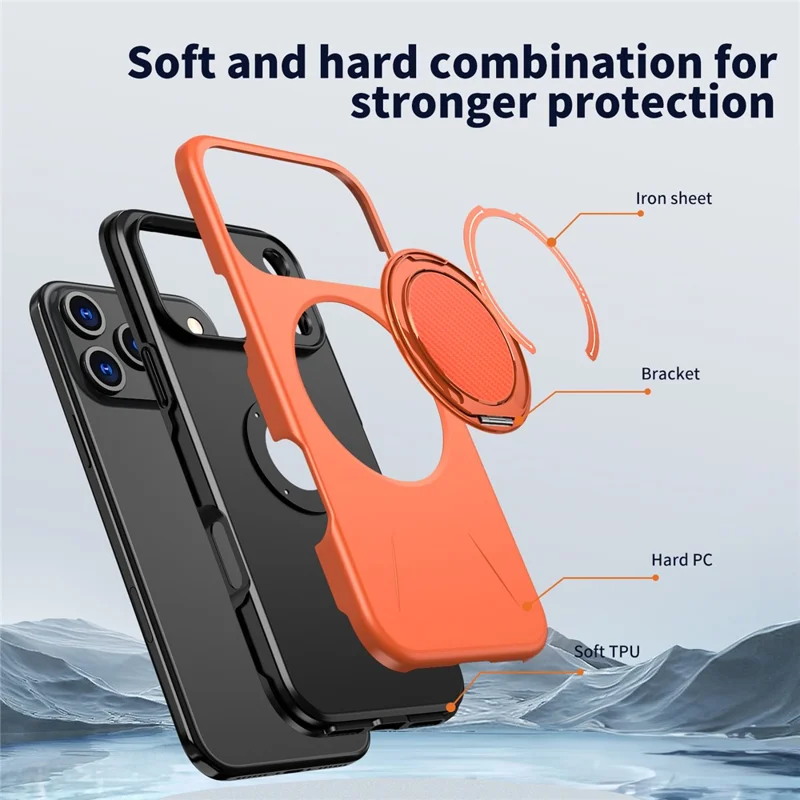 For iPhone 17 Pro Max Magnetic Case Rotating Kickstand TPU + PC Phone Cover - Orange