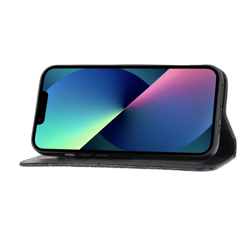 Kalbstextur PU Leder Hülle Für Iphone 13 6,1 Zoll, Magnetische Brieftasche Eingeprägter Rhombusmuster Telefonständer Mit Riemen - Schwarz