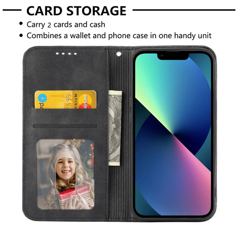 Kalbstextur PU Leder Hülle Für Iphone 13 6,1 Zoll, Magnetische Brieftasche Eingeprägter Rhombusmuster Telefonständer Mit Riemen - Schwarz