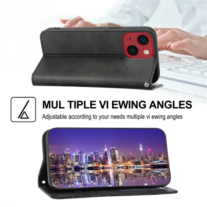 Kalbstextur PU Leder Hülle Für Iphone 13 6,1 Zoll, Magnetische Brieftasche Eingeprägter Rhombusmuster Telefonständer Mit Riemen - Schwarz