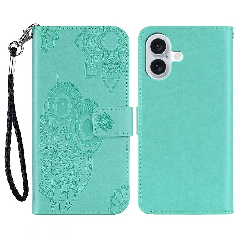 Cover per iPhone 17 con Gufo e Fiori Stampati in Pelle con Portafoglio e Cinturino - Ciano