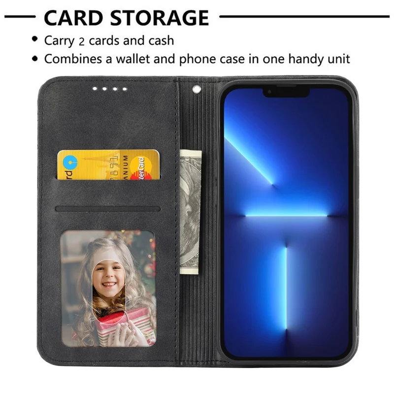 Imprinted Rhombus Pattern Phone Stand Cover for iPhone 13 Pro 6.1 inch, Calf Texture PU Leather Case Magnetic Wallet with Strap - Black