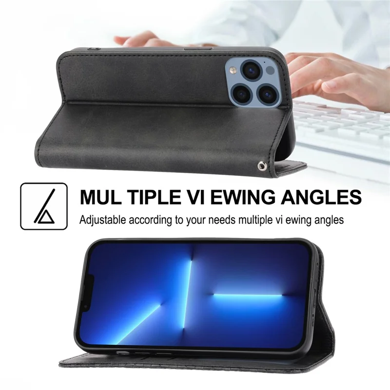 Imprinted Rhombus Pattern Phone Stand Cover for iPhone 13 Pro 6.1 inch, Calf Texture PU Leather Case Magnetic Wallet with Strap - Black