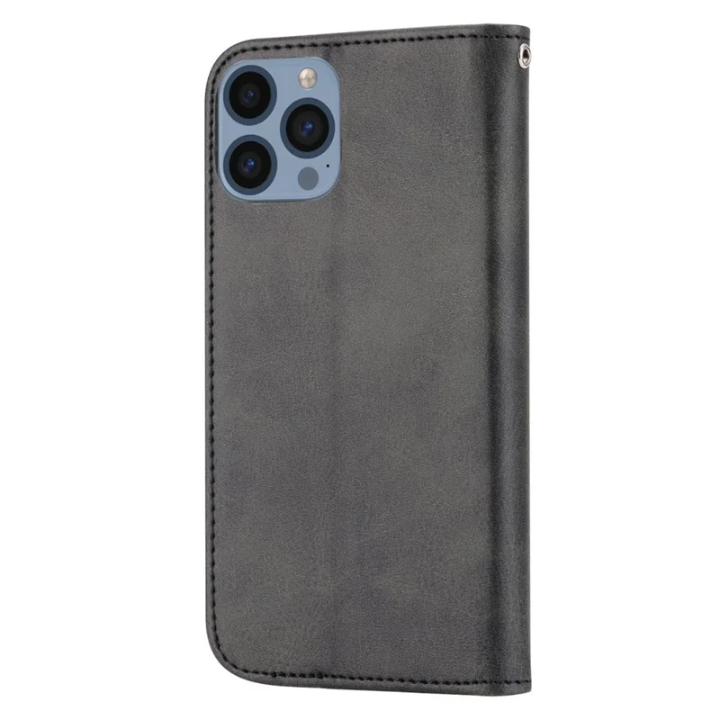 Imprinted Rhombus Pattern Phone Stand Cover for iPhone 13 Pro 6.1 inch, Calf Texture PU Leather Case Magnetic Wallet with Strap - Black