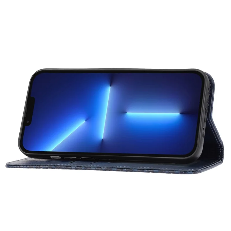 Imprinted Rhombus Pattern Phone Stand Cover for iPhone 13 Pro 6.1 inch, Calf Texture PU Leather Case Magnetic Wallet with Strap - Blue