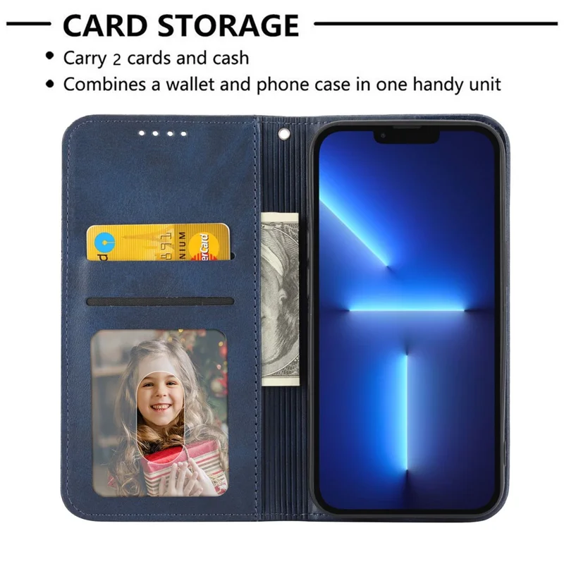 Imprinted Rhombus Pattern Phone Stand Cover for iPhone 13 Pro 6.1 inch, Calf Texture PU Leather Case Magnetic Wallet with Strap - Blue