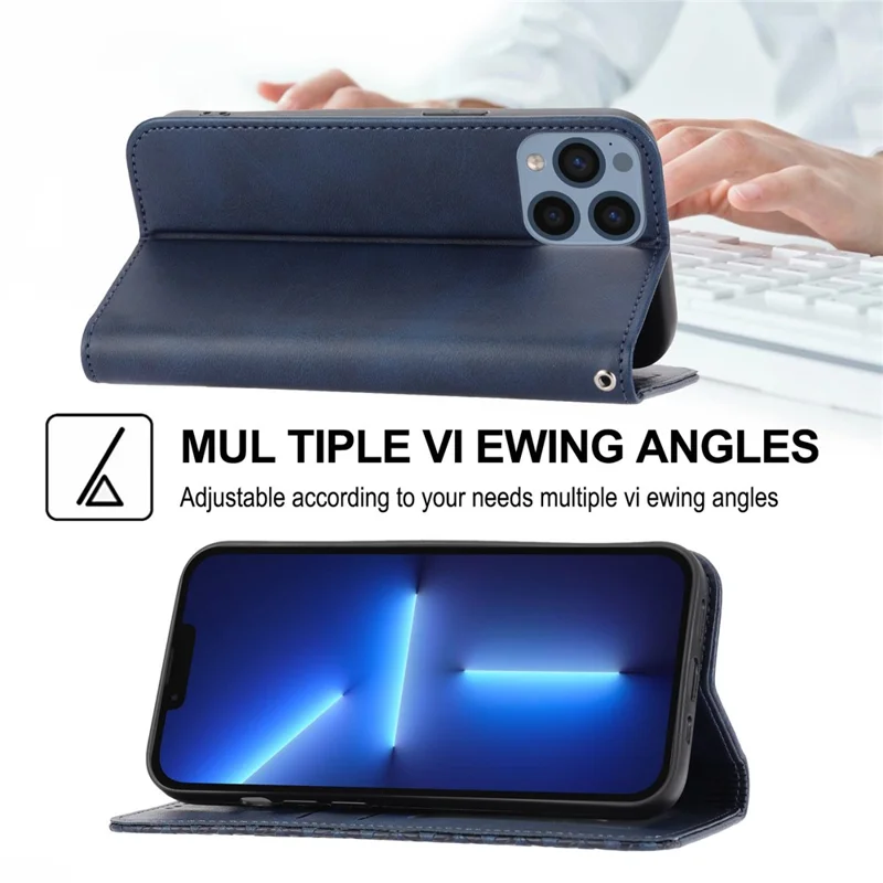 Imprinted Rhombus Pattern Phone Stand Cover for iPhone 13 Pro 6.1 inch, Calf Texture PU Leather Case Magnetic Wallet with Strap - Blue