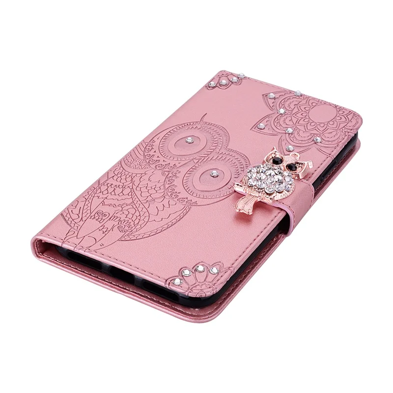 For iPhone 17 Pro Max Wallet Case Owl Flower Imprinted Rhinestone Leather Cover - Rose Gold