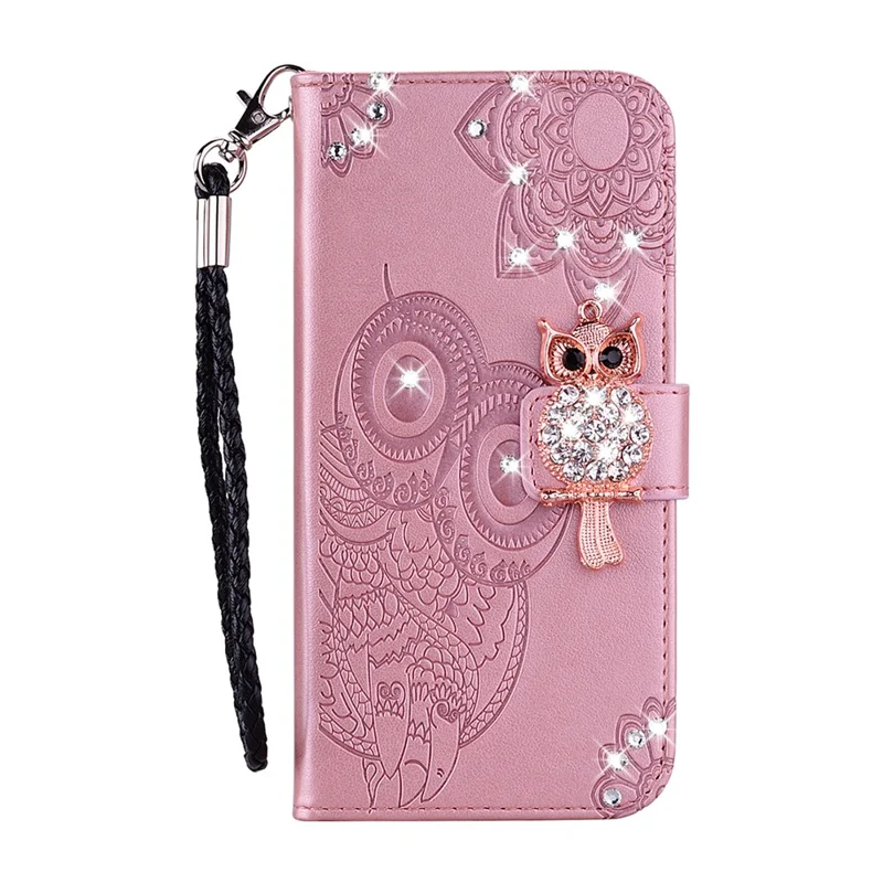 For iPhone 17 Pro Max Wallet Case Owl Flower Imprinted Rhinestone Leather Cover - Rose Gold
