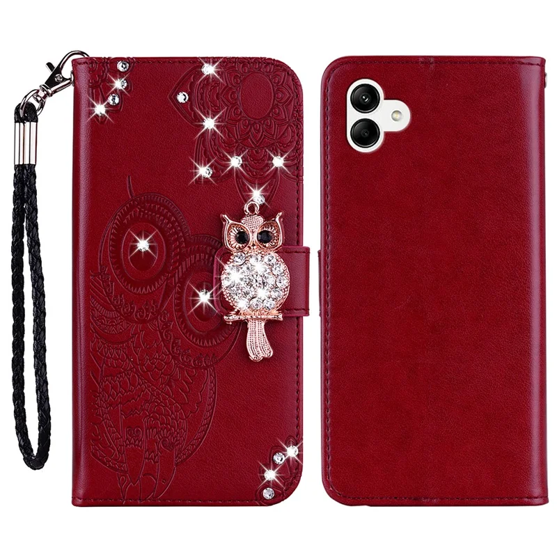 For Samsung Galaxy A07 5G / A07 4G Wallet Case Owl Flower Imprinted Rhinestone Leather Cover - Red