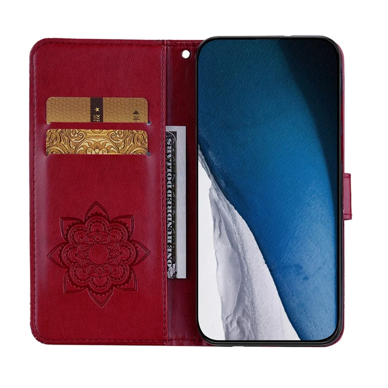For Samsung Galaxy A07 5G / A07 4G Wallet Case Owl Flower Imprinted Rhinestone Leather Cover - Red