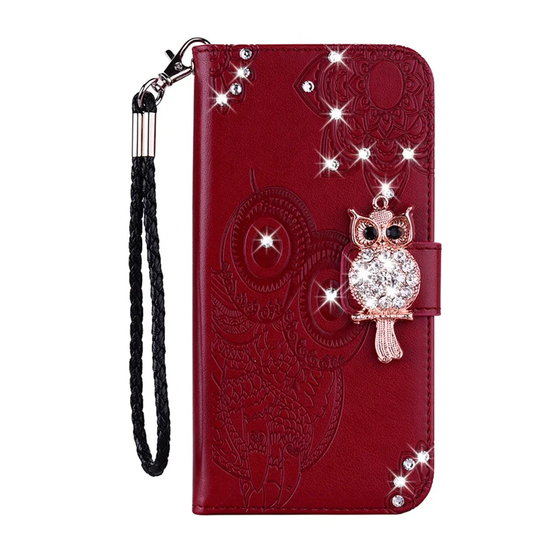 For Samsung Galaxy A07 5G / A07 4G Wallet Case Owl Flower Imprinted Rhinestone Leather Cover - Red