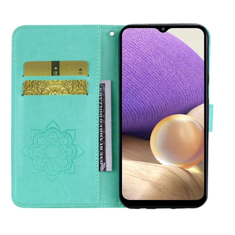 For Samsung Galaxy A17 5G Case Owl Flower Imprinted Leather Cover Wallet with Strap - Cyan