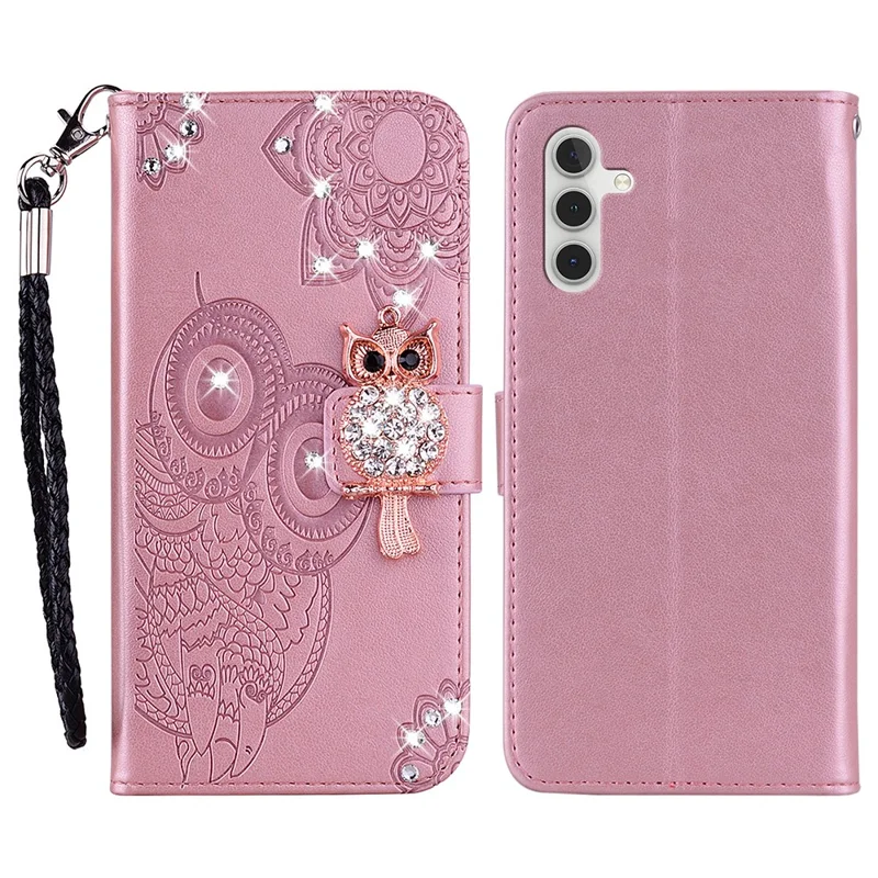 For Samsung Galaxy A17 5G Wallet Case Owl Flower Imprinted Rhinestone Leather Cover - Rose Gold