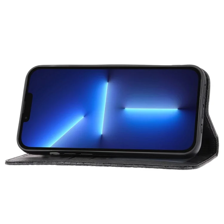 For iPhone 13 Pro Max 6.7 inch Magnetic Anti-fingerprint Calf Texture PU Leather Case Wallet Imprinted Rhombus Pattern Phone Stand Cover with Strap - Black